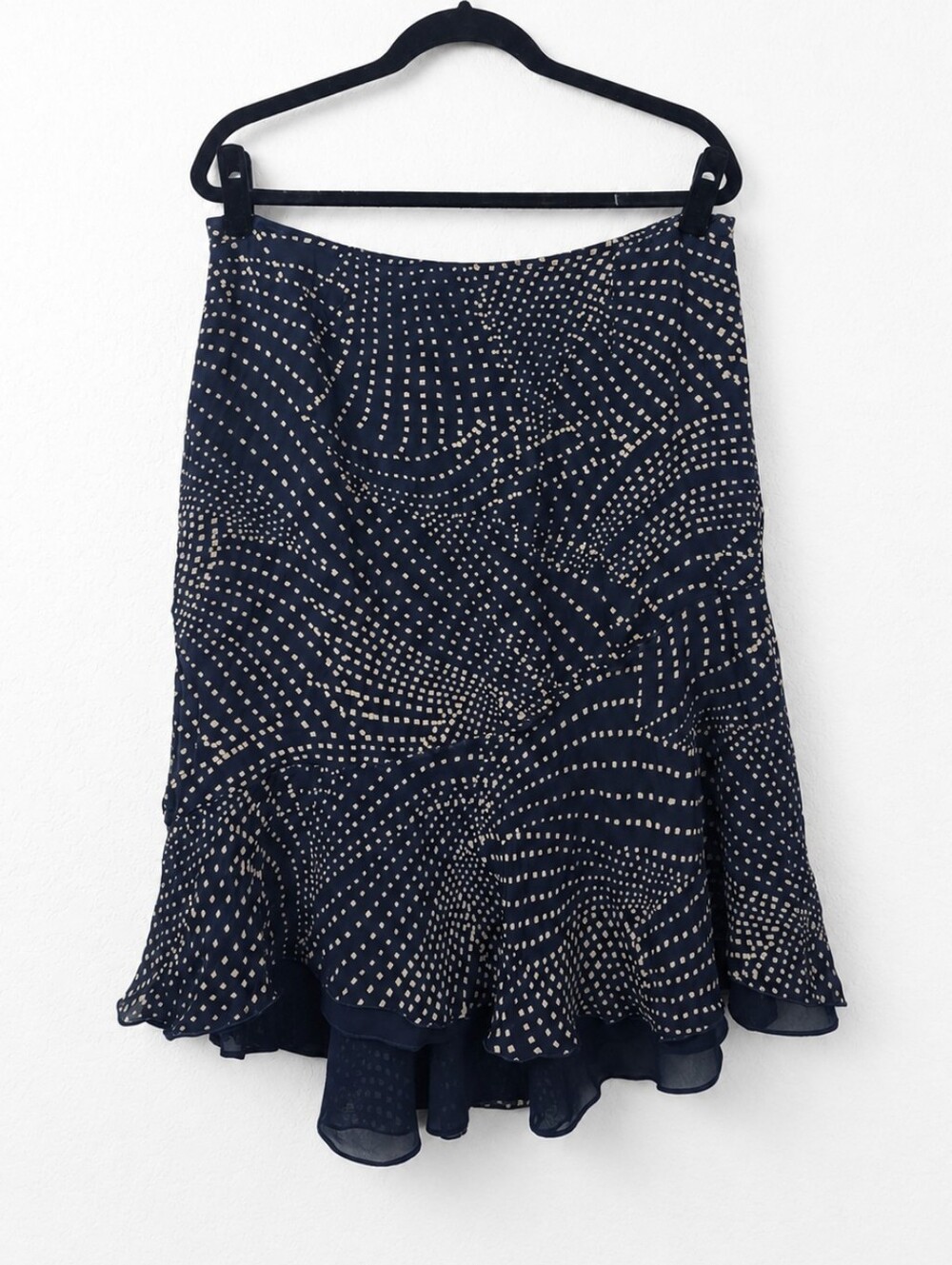 Adrianna Papell Y2K 100% Silk Polka Dot Ruffle Lettuce Hem Midi Skirt Size 16